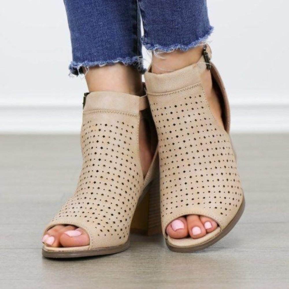 Perforated Taupe Peep-Toe Block Heel Booties - Picture 7 of 8